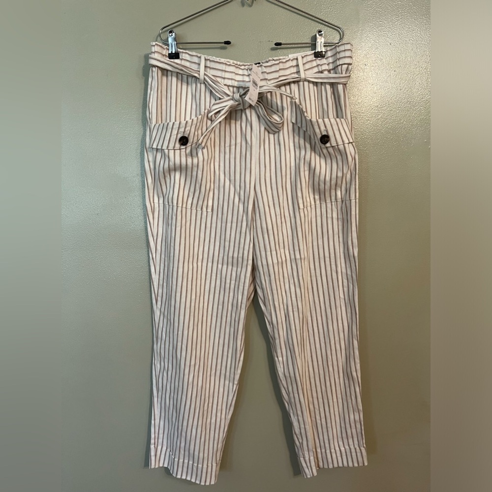 Ann Taylor Womens Linen Rayon Beige White Striped Paper Bag Belted Pants 14 NWT
